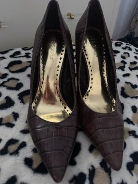 BCBGeneration Croc-Embossed Pointed-Toe Pumps in Dark Brown with Gold Insole